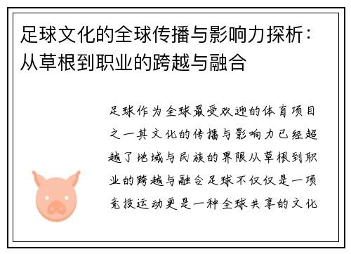足球文化的全球传播与影响力探析：从草根到职业的跨越与融合