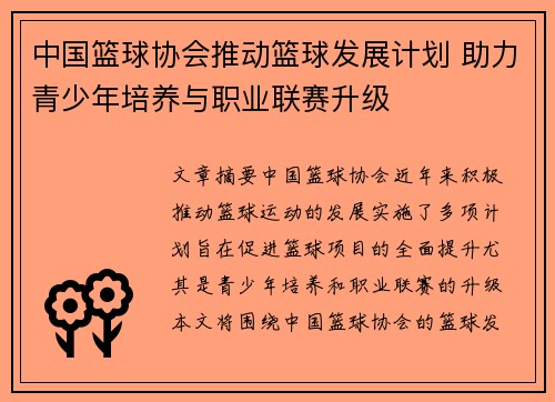 中国篮球协会推动篮球发展计划 助力青少年培养与职业联赛升级